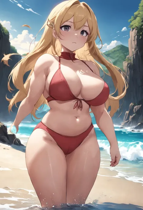 bbw, milf, in the beach, gigantic breasts, curvy, thick, big hips, shaped hips, sunglasses, blonde ponytail, abs, camel toe, sweaty, microkini, navel piercing,