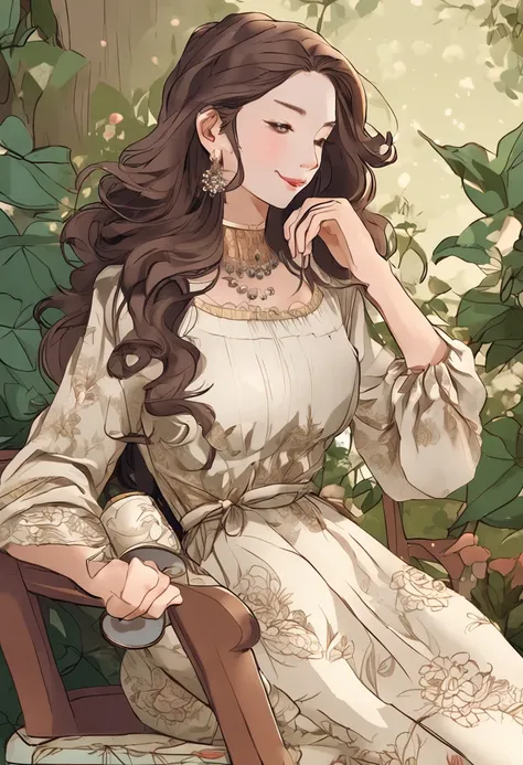 35 year old female character named Isis, long hair, light brown, light brown eyes, happy, calm, elegant, natural colors, enjoys drinking hibiscus tea in her china china cup, sitting on a bench in her flower garden in days cold