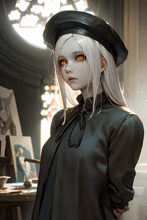 realism, upper body, detailed, girl, hat, arms behind back, white hair, scales, orange eyes,  The_Painter, room, cinematic lighting,