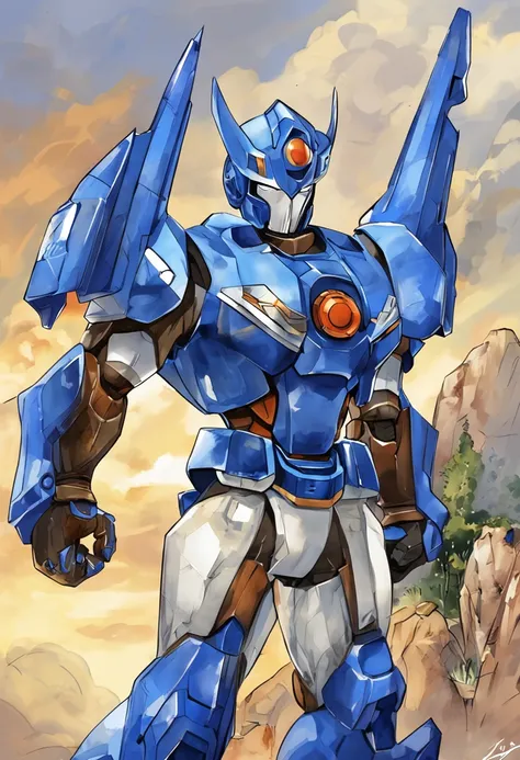 Megaman X, 7 foot tall robot transformers look, full blue armor, full blue helm but open mouth area, large size blue boots up to knee, running at view, large arm weapon aim at view