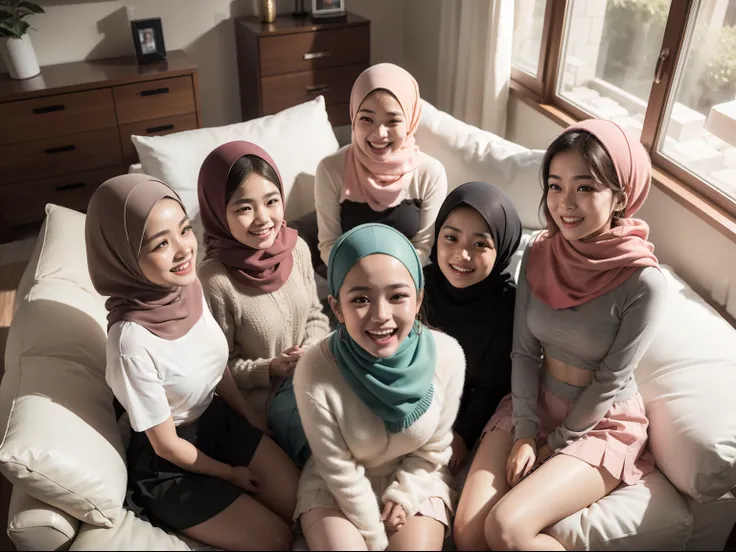 7 malay girls, (happy smile, laughing: 1.3), 8k, RAW portrait of malay girls with pompom plain hijab, 80mm, ultra high resolution, top quality, break wearing bra and high waist short pleated skirt, top view, (looking up at the viewer from below), big, mode...