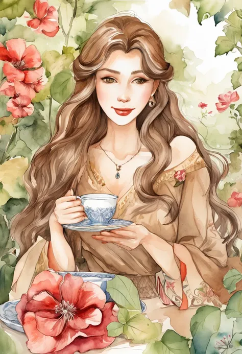 35 year old female character named Isis, long hair, light brown, light brown eyes, happy, calm, elegant, natural colors, enjoys drinking hibiscus tea in her china china cup, sitting on a bench in her flower garden in days cold