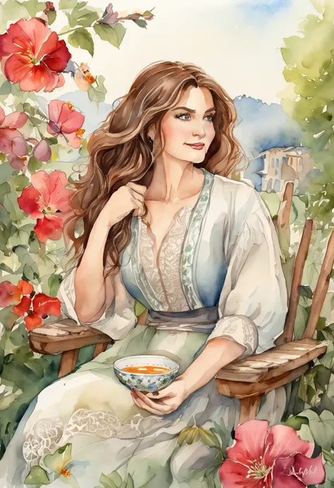 35 year old female character named Isis, long hair, light brown, light brown eyes, happy, calm, elegant, natural colors, enjoys drinking hibiscus tea in her china china cup, sitting on a bench in her flower garden in days cold