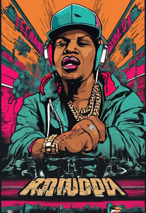 um cartaz para um evento hip hop, uma batalha de rima, um homem, uma mulher, um microfone centralizado , com uma coroa em cima