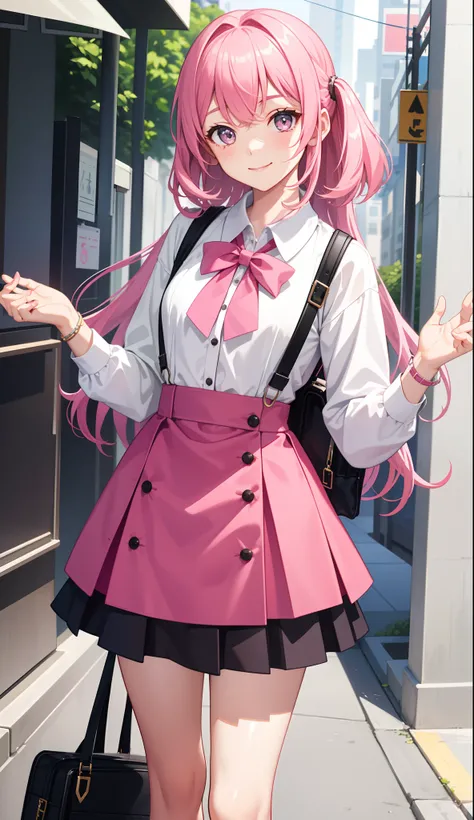 1girl in、A smile、A delightful!　The shirt、skirt by the、Pink hair（small tits）