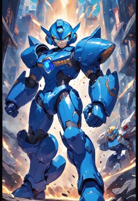 Megaman X, 7 foot tall robot, full blue armor, full blue helm but open mouth area, large size blue boots up to knee, running at view, large arm weapon aim at view