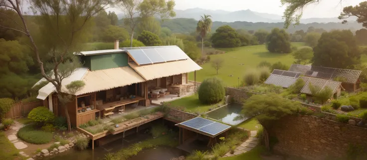 Ecovila permacultura, principios de design em permacultura, casa telhado todo de musgo, jardins circulares, horta permacultural, rainwater harvesting, laguinho com animais, - Viveiro de mudas, Wind power, solar, bela casa na colina,  trending on ArtStation