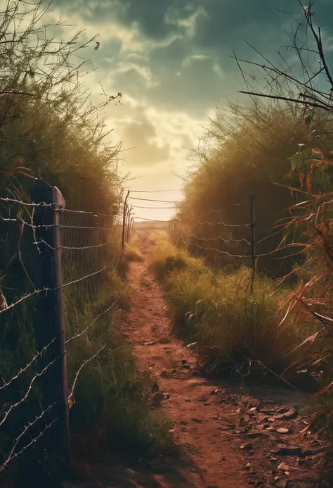 background, night, dirt road, man with unusual appearance looking back, wire fence on one side, bushes on the other side, anchored fishermans boat.