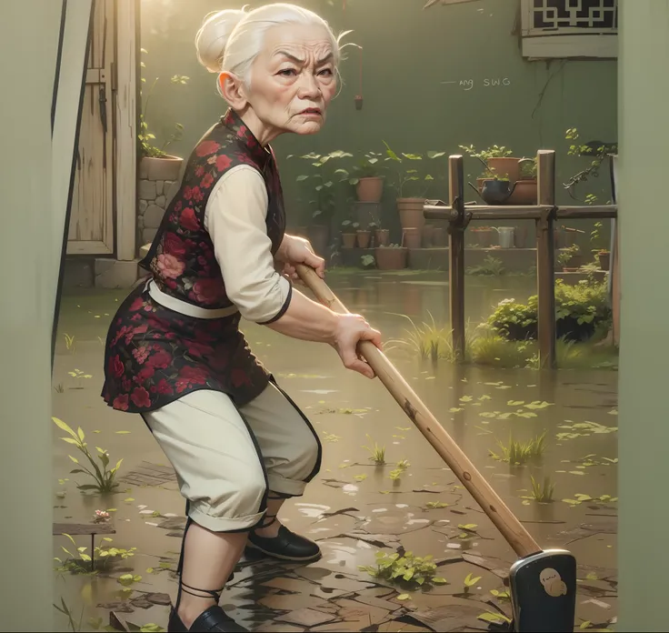 Granny angry, holding hoe, garden, no glasses, Chinese skin, sunny, ultra realistic