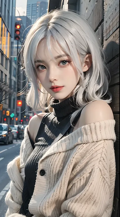 mid-shot, a beautiful woman looking into camera, white hair, off shoulder sweater by Chris Foss autumn lights