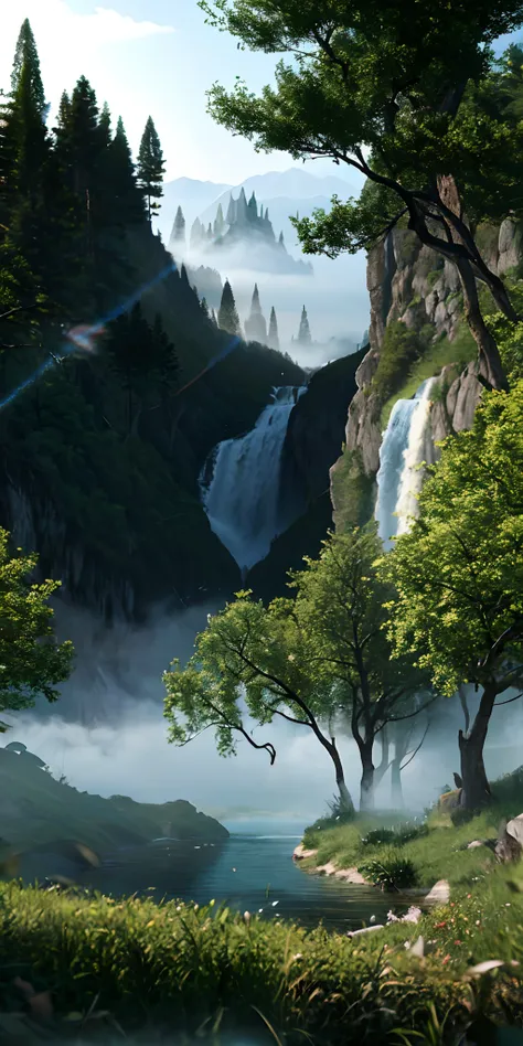 Analog style,ChromaV5,nvinkpunk,(extremely detailed CG unity 8k wallpaper),An image of a majestic river, trees on the sides, tiny waterfall, intense fog ,award winning photography, Chromatic Aberration, Detailed , HDR, Bloom, style by Monet, Pissarro, and ...