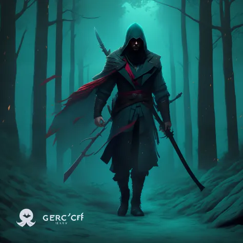 Ninja com Roupa Preta Estilo Assassins Creed, Deixe a Floresta em Chamas, Noite, Cores Quentes, CyberPunk, Remova a logo "Gencraft", Com um Rifle Nas Costas, sword in hand, Mascara Preta, Fogo ao Fundo.