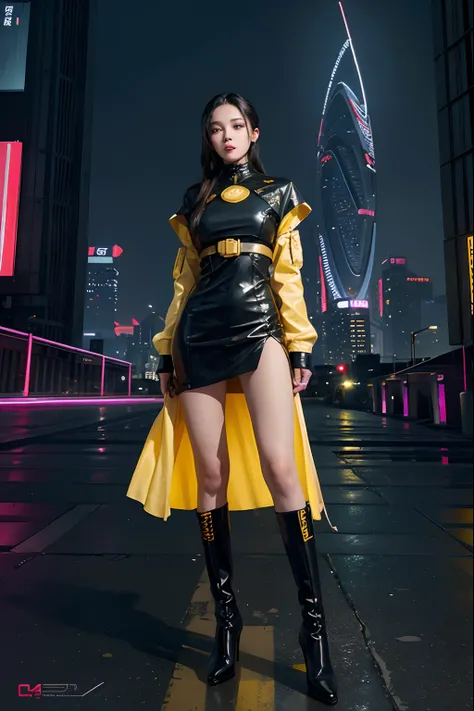 One dressed in yellow，A woman with a beautiful face, Perfect body, Black boots standing in front of the city, Kim Hong-dos cyberpunk art, CGSesociety, retro-futurism, cgsociety 9, Full body CGsociety, Seguro para o trabalho.CGSesociety