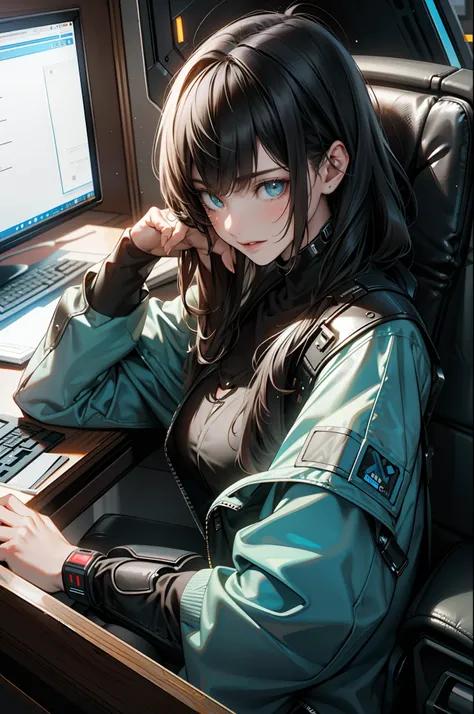 ((Best Quality)), ((Masterpiece)), (Very detailed:1.3), 3D, Beautiful (Cyberpunk:1.3) Female hacker, Mohican hairstyle, back to viewer, thick hair, operating computer terminal, head-mounted display, computer server, LCD screen, fiber optic cable, company l...