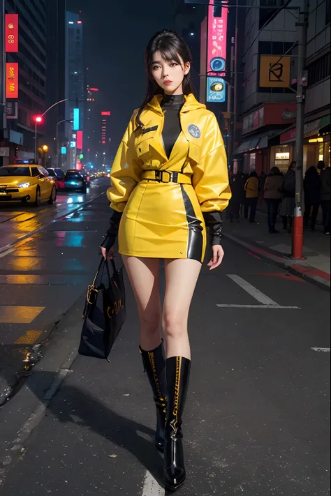 One dressed in yellow，A woman with a beautiful face, Perfect body, Black boots standing in front of the city, Kim Hong-dos cyberpunk art, CGSesociety, retro-futurism, cgsociety 9, Full body CGsociety, Seguro para o trabalho.CGSesociety