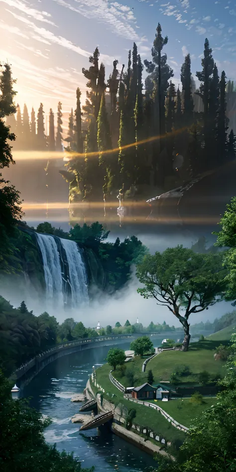 Analog style,ChromaV5,nvinkpunk,(extremely detailed CG unity 8k wallpaper),An image of a majestic river, trees on the sides, tiny waterfall, intense fog ,award winning photography, Chromatic Aberration, Detailed , HDR, Bloom, style by Monet, Pissarro, and ...