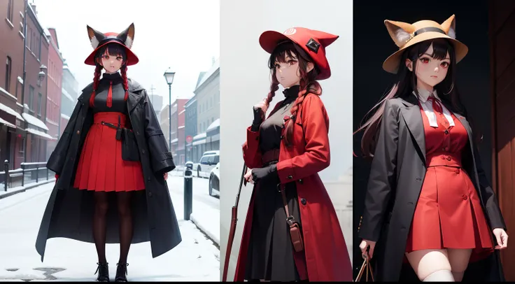 On-check shawl、Fox Hat　Red high waist skirt and white cotton dress　Black tights and braided high boots　pistols（Colt Single Action Army）On the right hand、　Stand next to the open-top red Volkswagen