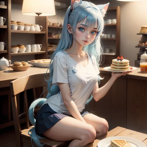 masutepiece,Best quality,ultra - detailed,Two hands,Two legs,Five fingers,best faces,1 girl,light blue long hair,timid,Cat ears,pale blue color eyes, Height 145 cm,small tits,Cat tail,a sailor suit,White T-Shirts,a black skirt,Strawberry pancakes on a plat...