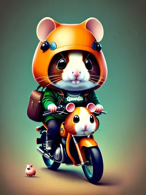 Kawaii hamster riding motorcycle and holding rifle。A female kawaii hamster is on the back.