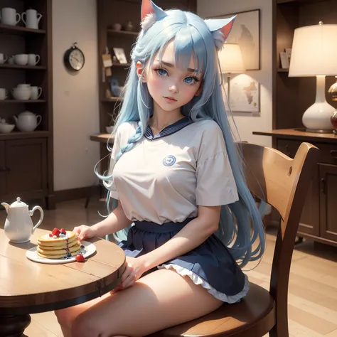 masutepiece,Best quality,ultra - detailed,Two hands,Two legs,Five fingers,best faces,1 girl,light blue long hair,timid,Cat ears,pale blue color eyes, Height 145 cm,small tits,Cat tail,a sailor suit,White T-Shirts,a black skirt,Strawberry pancakes on a plat...