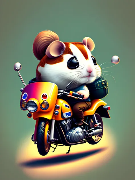 Kawaii hamster riding motorcycle and holding rifle。A female kawaii hamster is on the back.