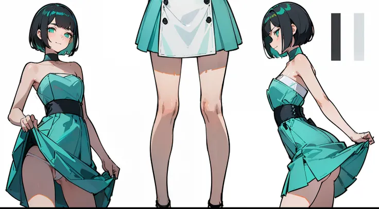 ((Best Quality)) ((Masterpiece)) 1girl, 19 year old, black hair, pixie bob haircut, flirty smirk ((( light turquoise strapless dress ))) (((mini skirt))) ((( lifting skirt ))) ((white thong)) ((slender)) (busty) ((sexy dress)) (((detailed character sheet, ...