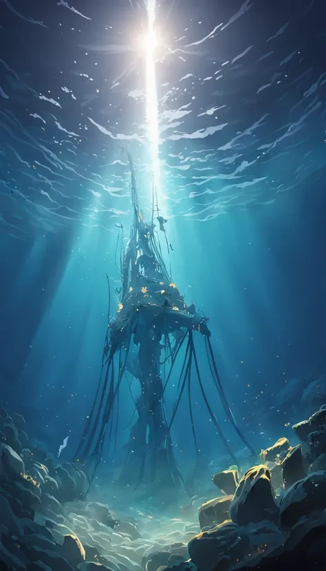 ((a CHROME ANCHOR stuck at the bottom of a DEEP Ocean floor)) shafts of sunlight filtering through the oceans surface, illuminating the hidden world beneath, create a captivating underwater scene. vertical panorama, Ultra Wide View. UHD, masterpiece, award...