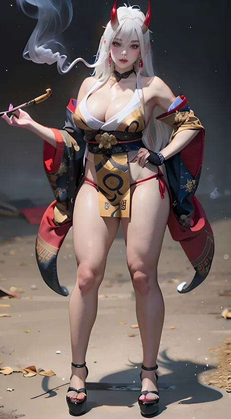 Masterpiece fullbodyshot of beautiful oni geisha, white messy long hair,  oni horns, smoking pipe, perfect muscular thick and  curvy body shape