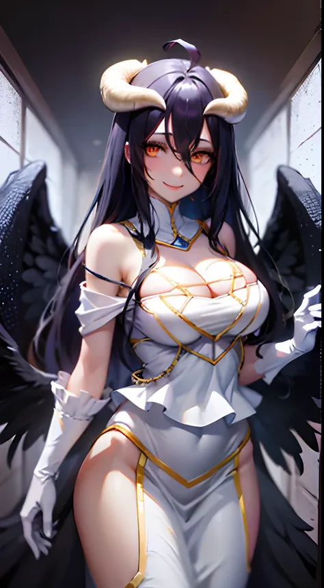 masterpiece, best quality, highres, al1, demon horns, slit pupils, white gloves, white dress, bare shoulders, detached collar, cleavage, black wings, feathered wings, low wings, cowboy shot, standing, smile, dungeon, evil smile,