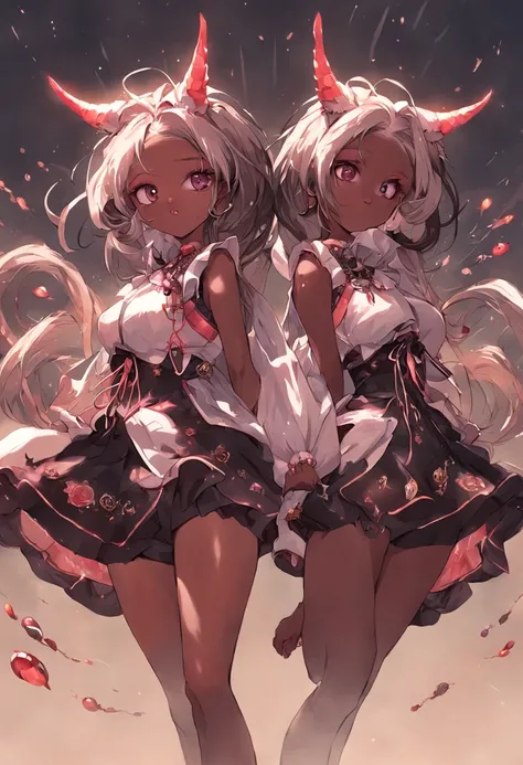 "Twins engaging in an epic battle, wielding fish-shaped weapons, sporting stylish shorts and tunics, with voluminous hair, nekominis, unique egg accessory, beautiful dark skin tone, creating a captivating 3D-rendered masterpiece with the surreal "Sabattier...