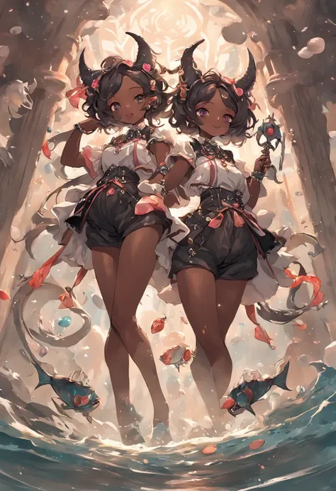 "Twins engaging in an epic battle, wielding fish-shaped weapons, sporting stylish shorts and tunics, with voluminous hair, nekominis, unique egg accessory, beautiful dark skin tone, creating a captivating 3D-rendered masterpiece with the surreal "Sabattier...