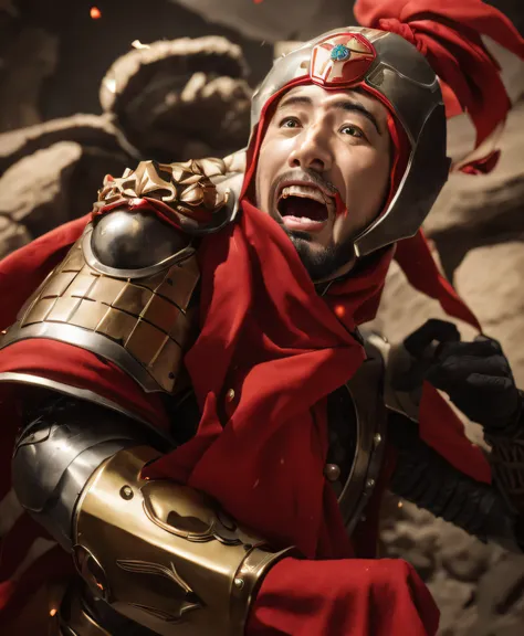 Man with big mouth open in armor holding red scarf