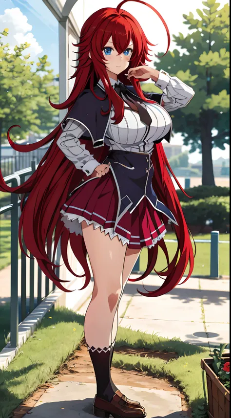 masterpiece, best quality, highres, best quality, highres, rias gremory, 1girl, long hair, school uniform, red hair, ahoge, blue eyes, large breasts, very long hair,  medicbreasts, skirt, , socks, standing, outdoors,