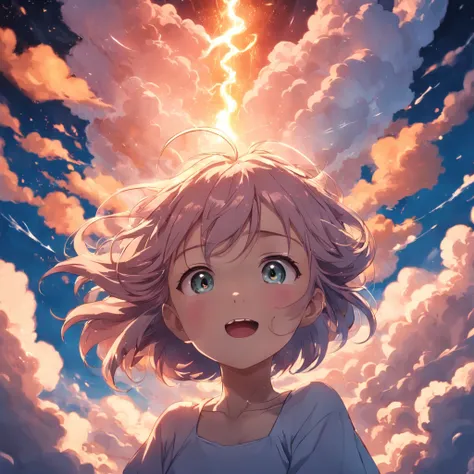 masterpiece, best quality, movie still, 1girl, cloud girl, floating in the sky, close-up, bright, happy, warm soft lighting, sunset, (sparks:0.7)