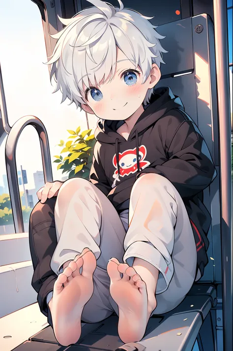 masterpiece, chubby little boy with white hair and shiny bright blue eyes and barefoot wearing a hoodie, and oversized sweatpant...