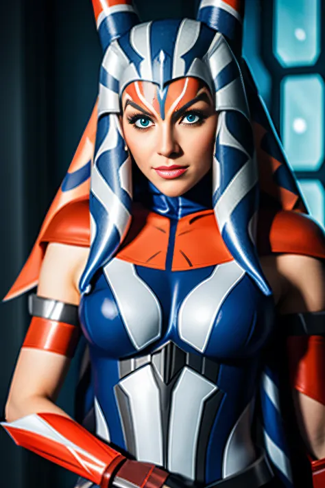 a woman dressed as ahsoka, sci-fi background, snow