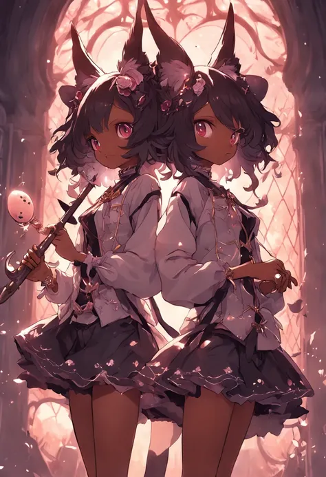 "Twins wielding fish-shaped weapons, sporting stylish shorts and tunics, with voluminous hair, nekominis, unique egg accessory, beautiful dark skin tone, creating a captivating 3D-rendered masterpiece with the surreal "Sabattier effect", surrounded by an e...