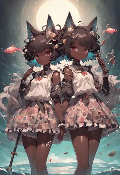 "Twins wielding fish-shaped weapons, sporting stylish shorts and tunics, with voluminous hair, nekominis, unique egg accessory, beautiful dark skin tone, creating a captivating 3D-rendered masterpiece with the surreal "Sabattier effect", surrounded by an e...