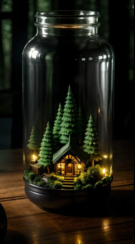 (Intricate forest mini town landscape trapped in a bottle), Atmospheric Oliva lighting, On a table, 4K Ultra HD, Dark vibes, ultra - detailed, Bright colors forest background, Epic composition, rendering by octane, Sharp focus, High-resolution isometric dr...