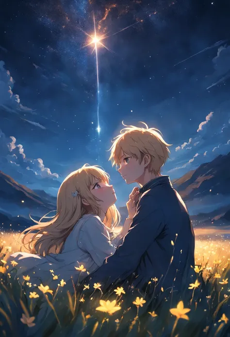 She and he lay face down in a field full of highland flowers,、Looking up at the night sky.、Maybe its because its cold., Their breath looks pale white.、The light source is a star in the night sky々Light only、She suddenly turns to him and blushes、A shooting s...