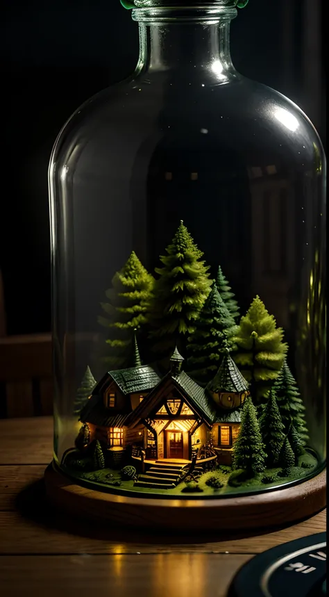 (Intricate forest mini town landscape trapped in a bottle), Atmospheric Oliva lighting, On a table, 4K Ultra HD, Dark vibes, ultra - detailed, Bright colors forest background, Epic composition, rendering by octane, Sharp focus, High-resolution isometric dr...