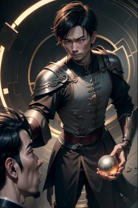 realistic 8k image of an oriental man, chinese features, short hair, 25 years old, wounded face, dressed in dark cleric clothes and silver shoulder pads, concentrating an energy sphere in the palm of his hand, ready to attack, interrogation, behind a table...