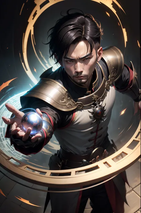 realistic 8k image of an oriental man, chinese features, short hair, 25 years old, wounded face, dressed in dark cleric clothes and silver shoulder pads, concentrating an energy sphere in the palm of his hand, ready to attack, interrogation, behind a table...