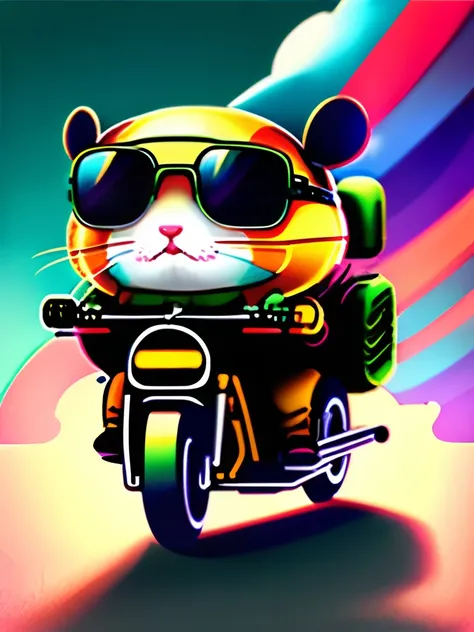 Kawaii hamster riding motorcycle and holding rifle。Female cute hamster is on her back、Aiming with a rifle、wears sunglasses、Gangster hamsters