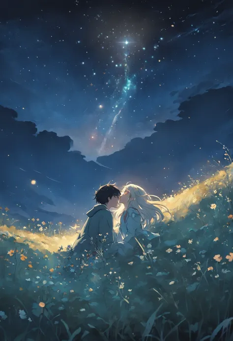 She and he lay face down in a field full of highland flowers,、Looking up at the night sky.、Maybe its because its cold., Their breath looks pale white.、The light source is a star in the night sky々Light only、She suddenly turns to him and blushes、A shooting s...