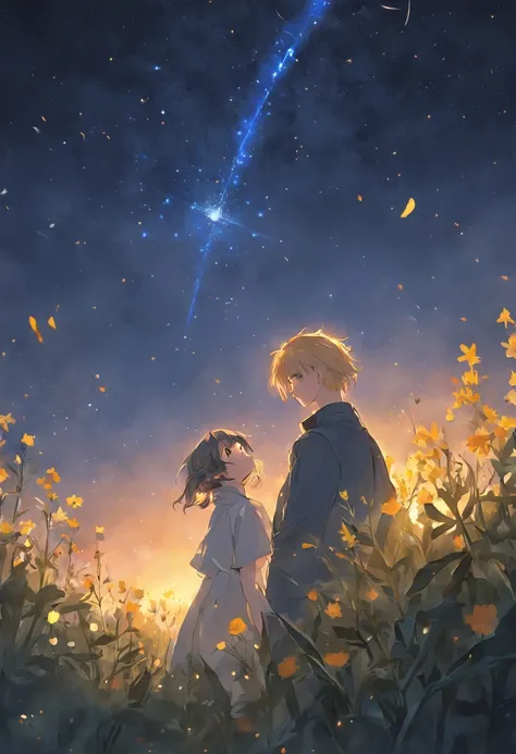 She and he lay face down in a field full of highland flowers,、Looking up at the night sky.、Maybe its because its cold., Their breath looks pale white.、The light source is a star in the night sky々Light only、She suddenly turns to him and blushes、A shooting s...