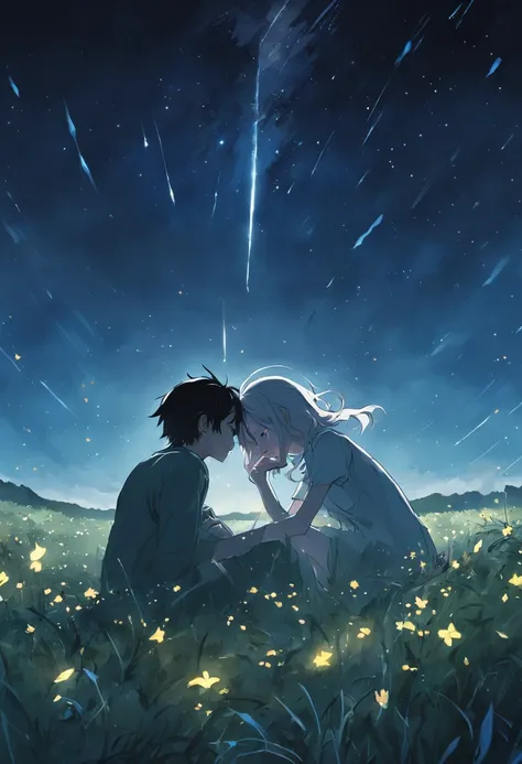 She and he lay face down in a field full of highland flowers,、Looking up at the night sky.、Maybe its because its cold., Their breath looks pale white.、The light source is a star in the night sky々Light only、She suddenly turns to him and blushes、A shooting s...