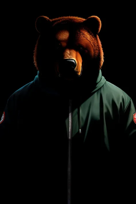 ((best quality)), ((ultradetailed)), ((masterpiece)), photograph, scene: spacious abandoned warehouse, theme: anthropomorphic animal mafia, character: bear, appearance: wearing a windbreaker, holding a submachine gun and firing, other scene elements: train...