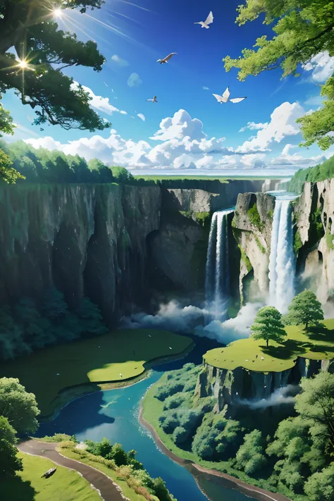 Fly over cliffs, Above a very high waterfall, Overlooking the rolling pond, high sunlight, Blue sky, White cloud, Birds, forest, green trees, 8K, Masterpiece, Best quality, high resolution, very full detail