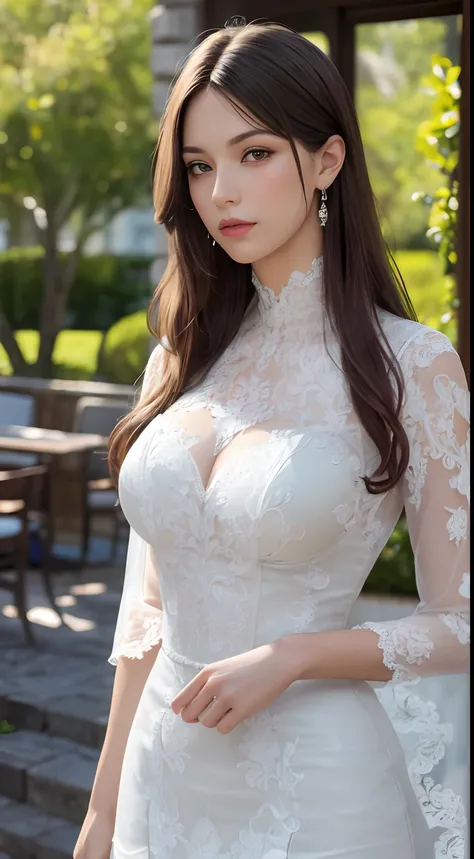 (Masterpiece:1.2, Best quality), Realistic, (Real picture, Intricate details, Depth of field), parted lip, High neck lace skirt，highly  detailed, Perfect face, Perfect body, Large models,
Mature woman, Tall, Long legs, 
Natural background bokeh